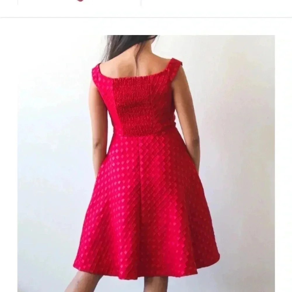 Anthropologie Red Textured Fit & Flare Dress Retro Holiday